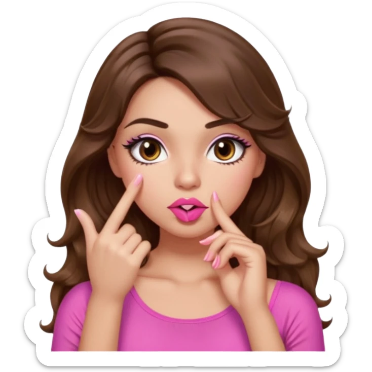 girl with long wavy brown hair, brown eyes, light to medium complexion, in a pink sexy top, pink puckered lips, long lashes, shushing sticker