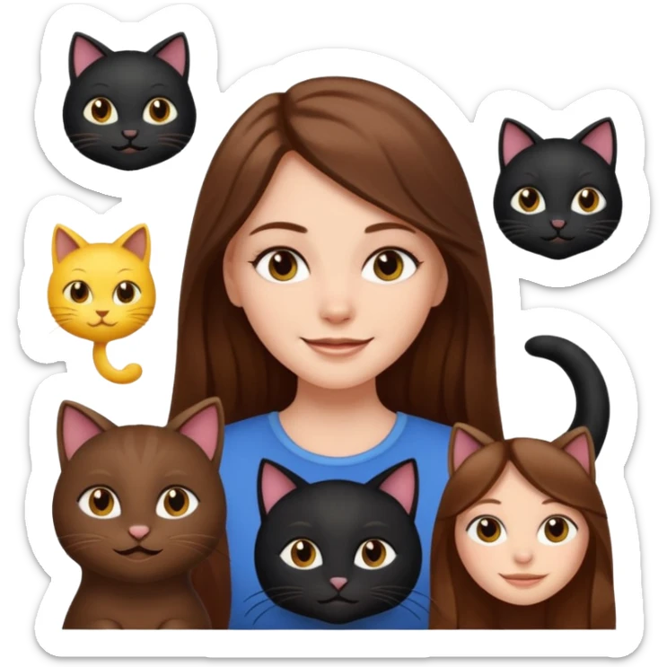 white girl with long brown hair, awake and smiling, cute, with two black cats, emoji style sticker