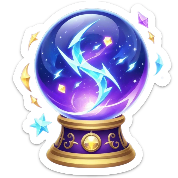 A mystical, glowing crystal ball with swirling sparkles and lightning bolts inside, with tarot cards spread out on the table around the ball, surrounded by zodiac signs and planets floating in space. Use bright purples, blues, and golds to create a magical, mysterious vibe. transparent background.  sticker