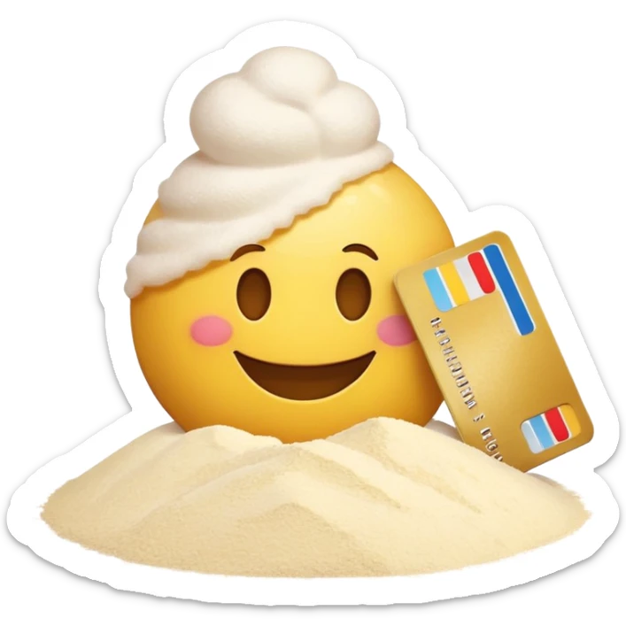 happy emoji with a credit card and a pile of flour sticker