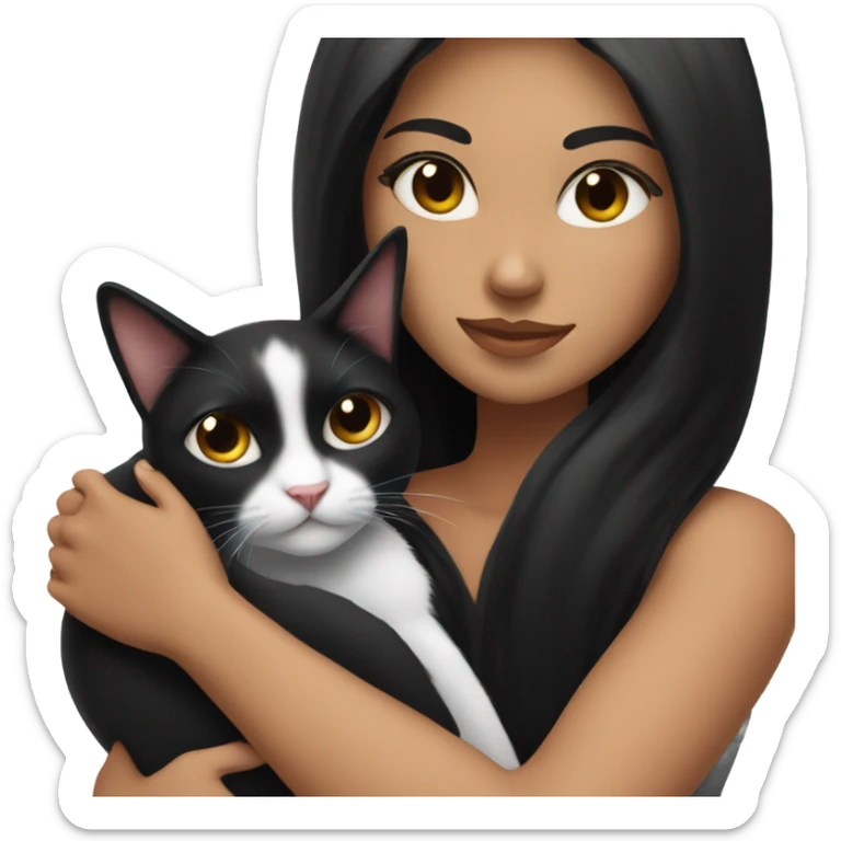 Tanned woman with long black hair hugging a black and white cat  sticker