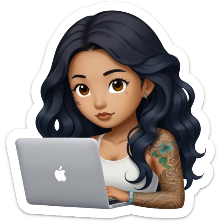 beautiful brown girl, with tattoos, with the long black hair, wavy hair, chinese, with laptop sticker
