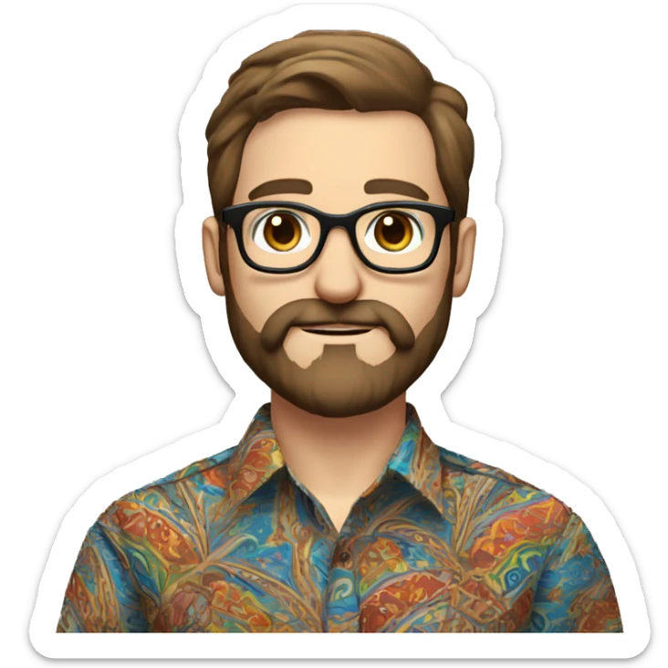 a male teacher with pale skin, black round glasses, brown hair, a beard and moustache, wearing a paisley colorful shirt, add dark eyes and make the glasses more round. Make the eyebrows more sparse sticker