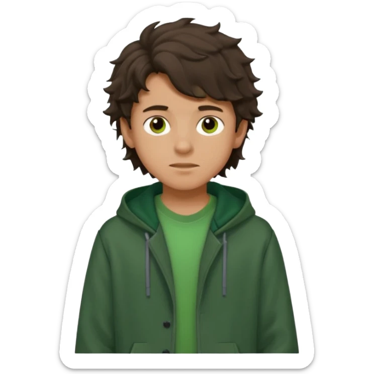 a 14 year old slightly tanned teenage boy with dark brown tousled wavy hair, wearing a green tshirt, with a dark green hoodie overcoat sticker