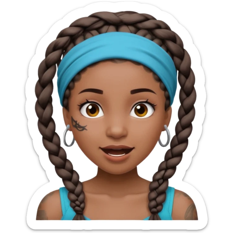 big lose braids starting from the top of the head woman face wiith big visible braids and mono color headband on head excited face and braids as big as headband and lots and lots of face tattoos sticker