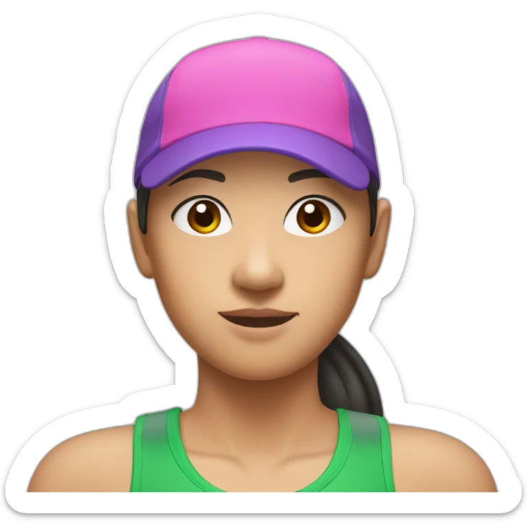 asian woman wearing a green sports cap backwards on her head a wearing a pink and purple singlet sticker