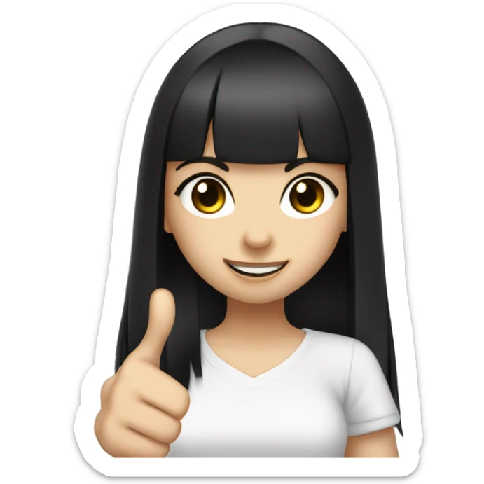 light-skinned girl, 1girl, dark hair, long black hair, bangs, black eyes, blunt  black bangs, white shirt, hime cut, thumbs up sticker