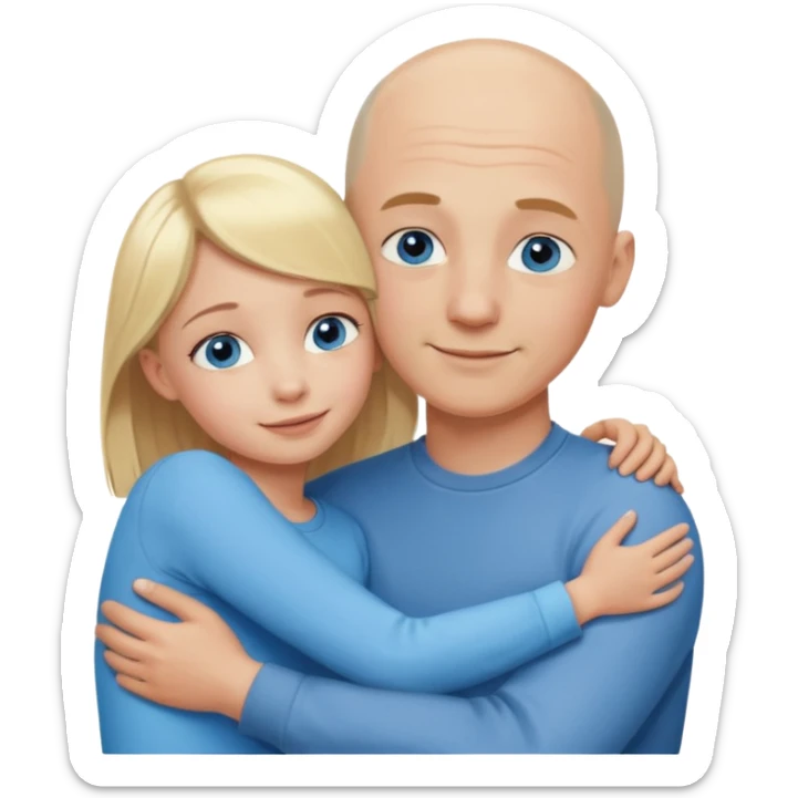 Blonde girl child, blue eyes and happy expression, hugging bald young adult father sticker