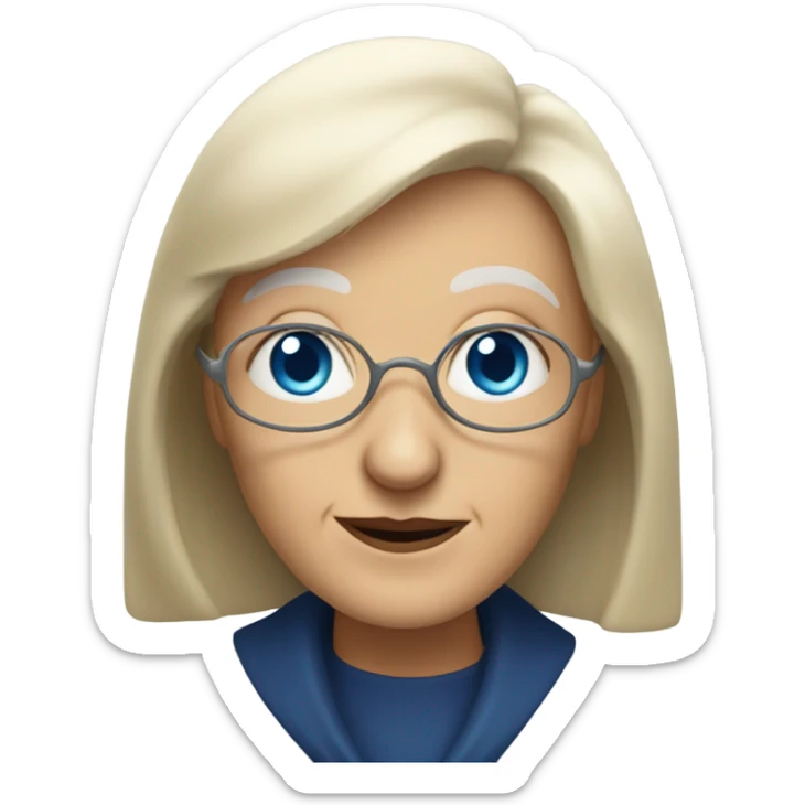 Aged crone woman, shoulder length blonde hair with bangs, blue eyes with wisdom sticker