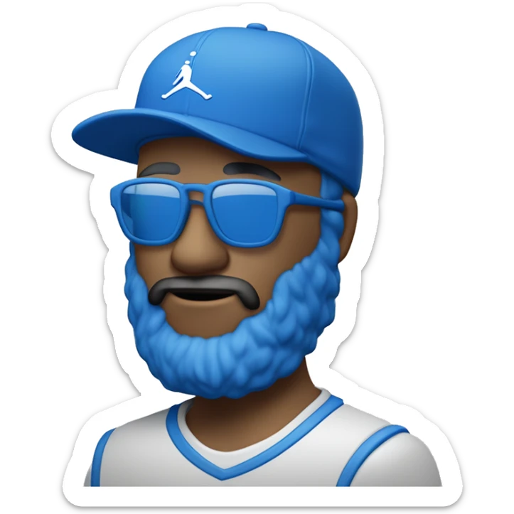 Homme de couleur blanc avec une petite barbe naissante portant des lunettes bleues , une casquette jordan bleu , un survêtement bleu sticker