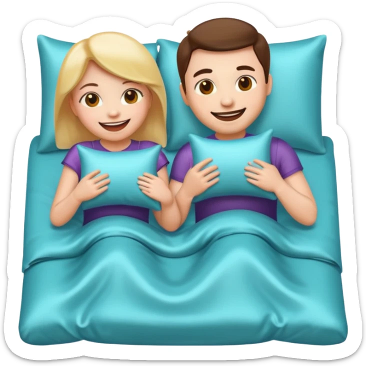 fun emoji depiction of a couple enjoying a pillow game on a bed with glossy silk sheets, happy and energetic sticker