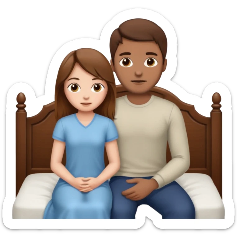 A brown-haired girl and a brown-haired man. They are both on a bed. The girl is sitting on the man.she is sitting on a man . they are in a sex position sticker