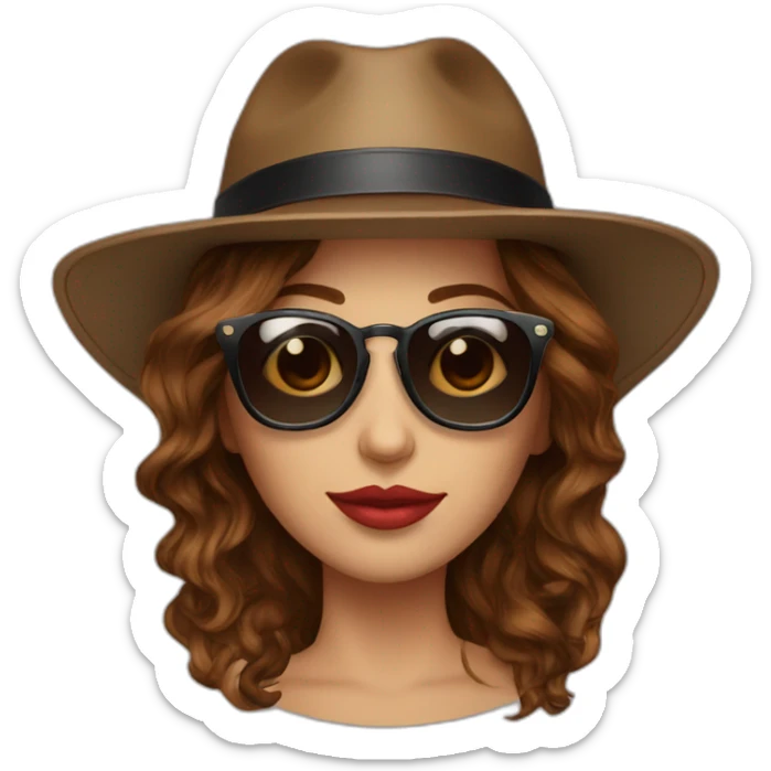sunglasses on female head with wavy brown hair and a poker hat sticker