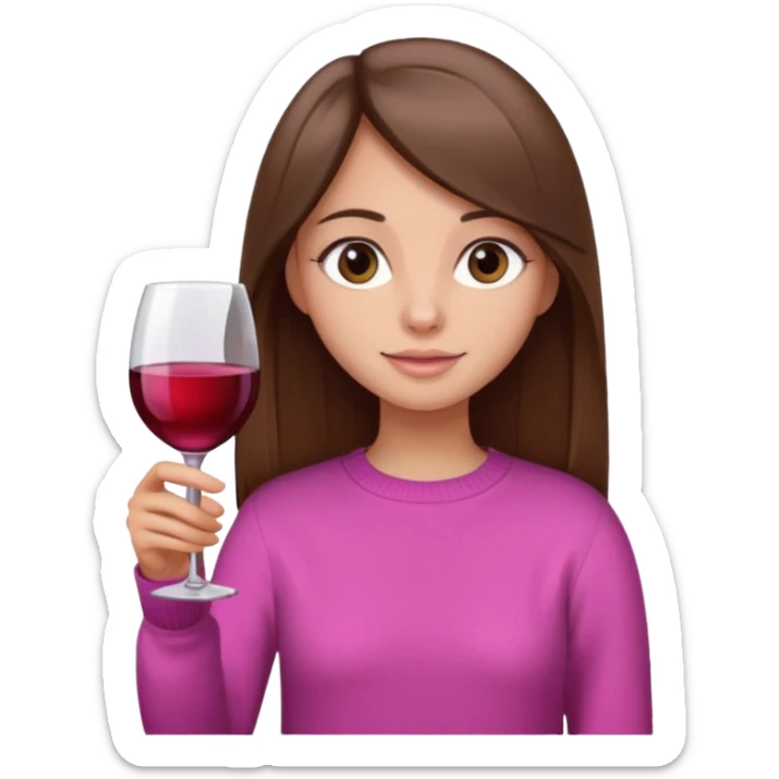 Girl with long straight brown hair, brown eyes holding glass of wine, wearing a pink sweater sticker