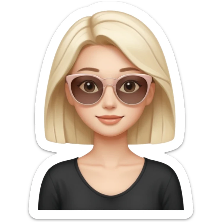 Clean girl influencer character, chest-up portrait, minimal aesthetic, natural glowing skin, soft confident smile, sleek hair, neutral pastel outfit, wearing trendy sunglasses on head, subtle beauty accessories, stylish hair clip, calm luxury vibe, clean modern illustration style sticker