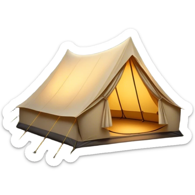 Cinematic Realistic Tent, a sturdy canvas tent nestled among tall trees, warm golden light spilling from inside, gentle folds in the fabric visible, glowing against the cool, dark forest backdrop, evoking a sense of adventure and comfort. sticker