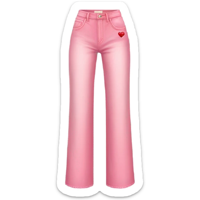 Realistic long Wide leg high waisted pink jeans with small red heart print, isolated sticker