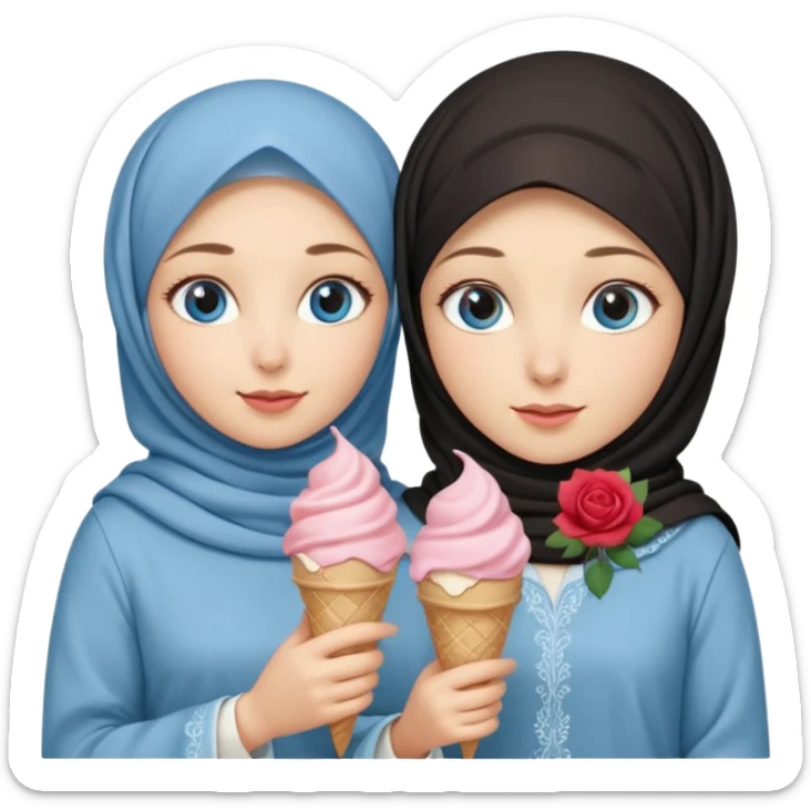 Turkish beautiful finish Konya two girls blue eyes with beige hijab islamic dress and had on her hand Rose ice cream sticker