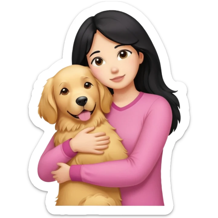 A black-haired, fair-skinned woman in a pink shirt hugs a big golden retriever. sticker