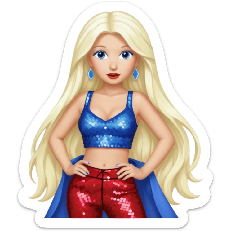 Christina Aguilera with long platinum blonde hair, periwinkle sequin crop top, red sequin pants, blue eyes sticker