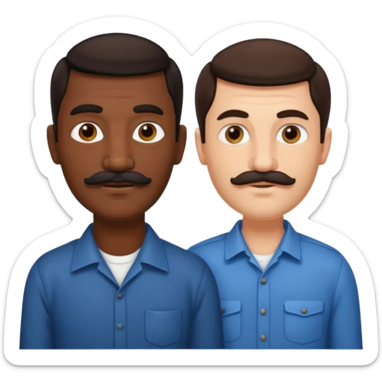 Gay couple. Tall dark indian man with mustache and shorter white man with dark brown hair and no mustache. sticker