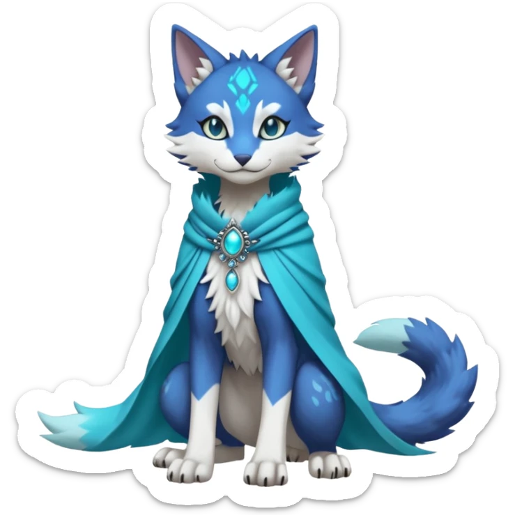 Kawaii cute Indigo Turquoise Grey beautiful pretty elegant divine edgy feline-vernid-sergal-Fakémon-Pokémon-Digimon-fursona-animal-creature, full body, with intricate detailed markings, silken shawl, decorative anklets sticker