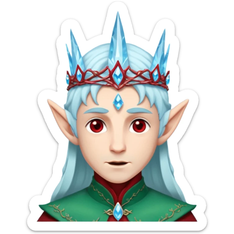 Fantasy elf portrait emoji, icy blue crystal crown with deep red accents, elegant elven features, cold noble winter expression, ice and crimson color palette, minimal clean design, flat readable emoji style, male variant sticker
