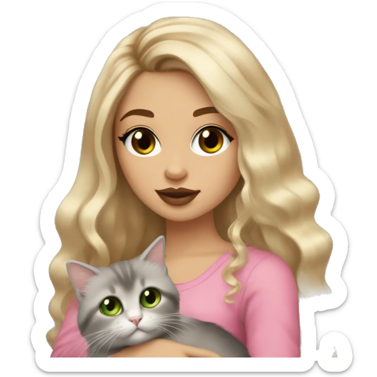 Girl, Blonde colored hair, long hair, Brown Green eyes, wearing false lashes, big pink lips with gloss on it, wearing gold earings, skin tone is Coffee, in her arms Holding a Grey ragdoll cat sticker