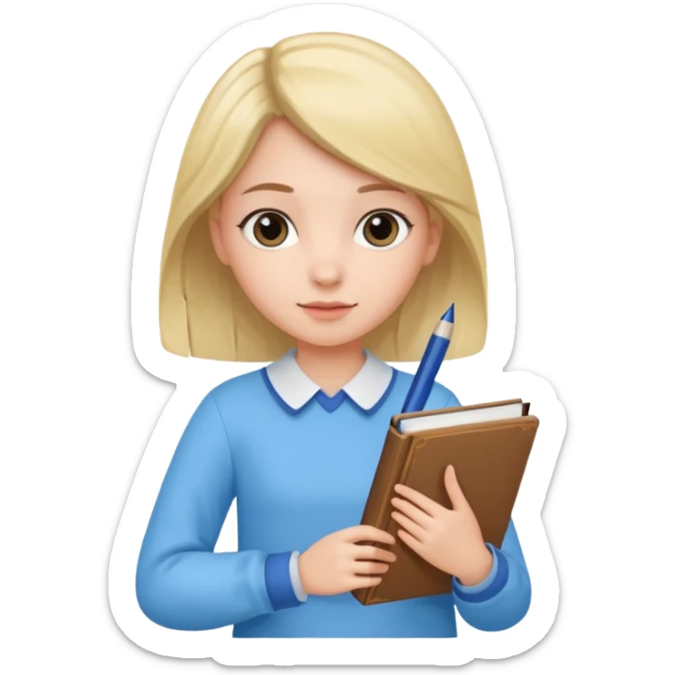 cute girl, glass, smart, Sky-blue colored clothing,
holding a book in one arm and a pen in the other hand. sticker