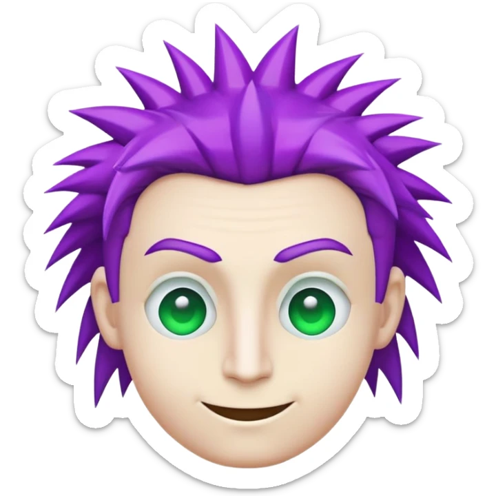Emoji of a face with white skin, it has one cyan eye, and one green eye, it also has a purple spiky mullet haircut, it is shaped like a :3 face and has no nose, and no ears, it is a simple head/smiley emoji sticker