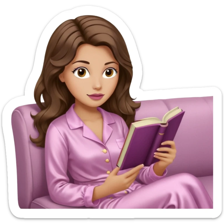 Woman with light tanned skin reading a book on Beige sofa. Long wavy brunette hair. Ivory silk pyjamas. Realistic. Foxeye with long lashes. Pinky mauve lips. sticker