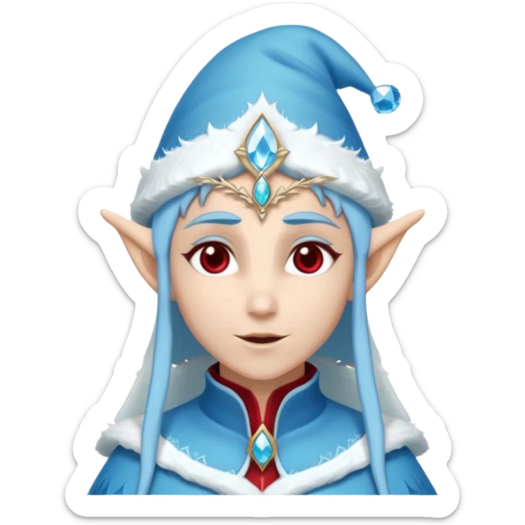 Fantasy elf portrait emoji, Santa Claus hat with icy frost edges, thin icy crystal crown with deep red accents under the hat, elegant elven features, cold noble winter expression, icy blue and crimson color palette, minimal clean design, flat readable emoji style, male/female variant
 sticker