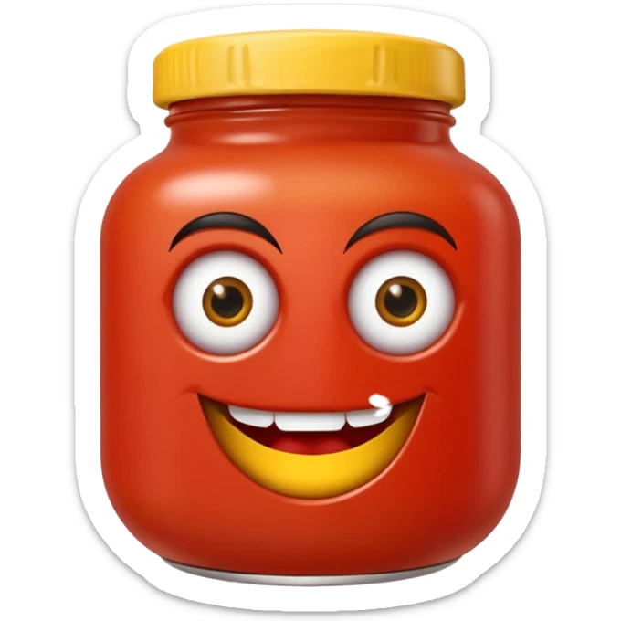 Un tarro de salsa de tomate y un tarro de salsa de mostaza al uno al lado del otro, los dos tarros con ojos sticker