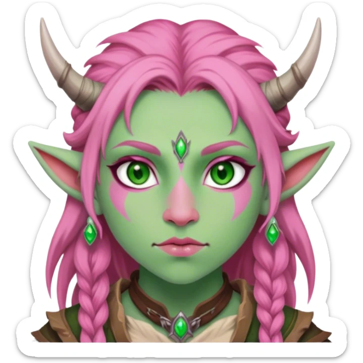 Firbolg girl with green eyes and pink skin portrait sticker