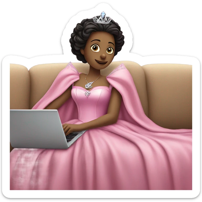 Glinda from wicked in her pink dress with scepter has fever coverd by a blanket on the couch with laptop on her legs sticker
