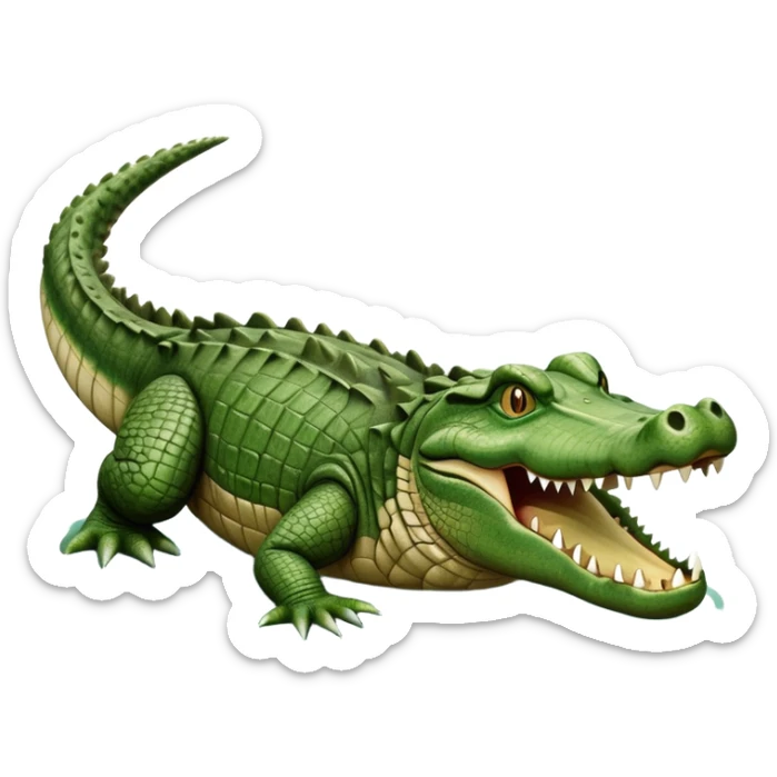 cinematic-crocodile-realistic-full-body-on all fours-emoji,-massive-scaled-body-partially-submerged-in-shallow-water,-head-tilted-dramatically,-rough-green-and-brown-hide-textured-with-deep-ridges,-simplified-yet-realistic-focused-features, head held high sticker