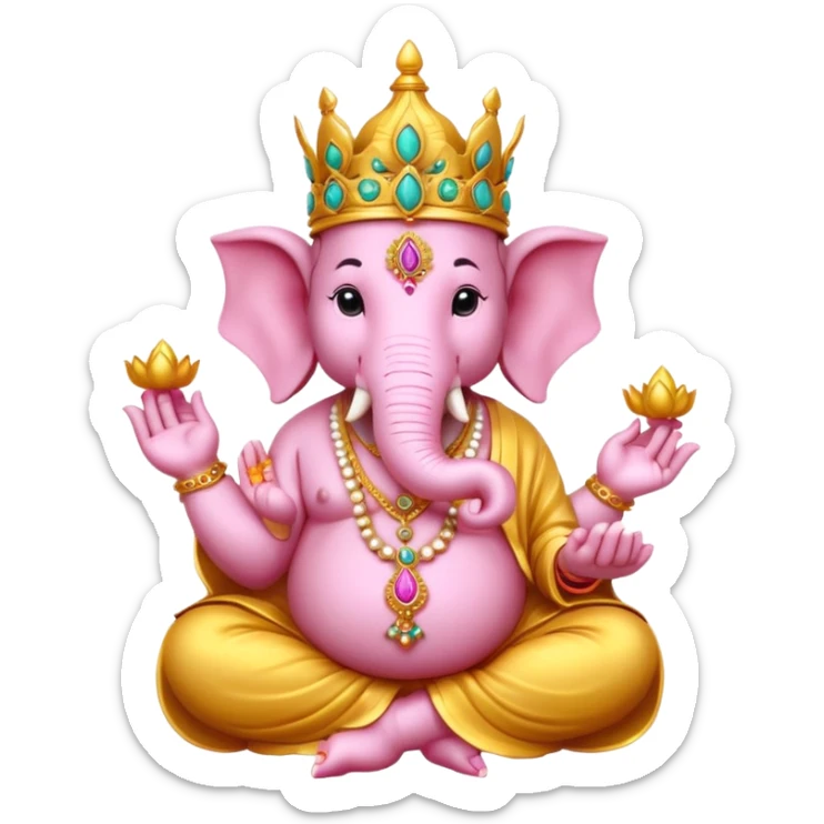 A cute and detailed emoji-style Lord Ganesha idol, with an elephant head, big ears, wearing a crown and ornaments, sitting on a lotus, holding a modak, vibrant colors, divine aura sticker