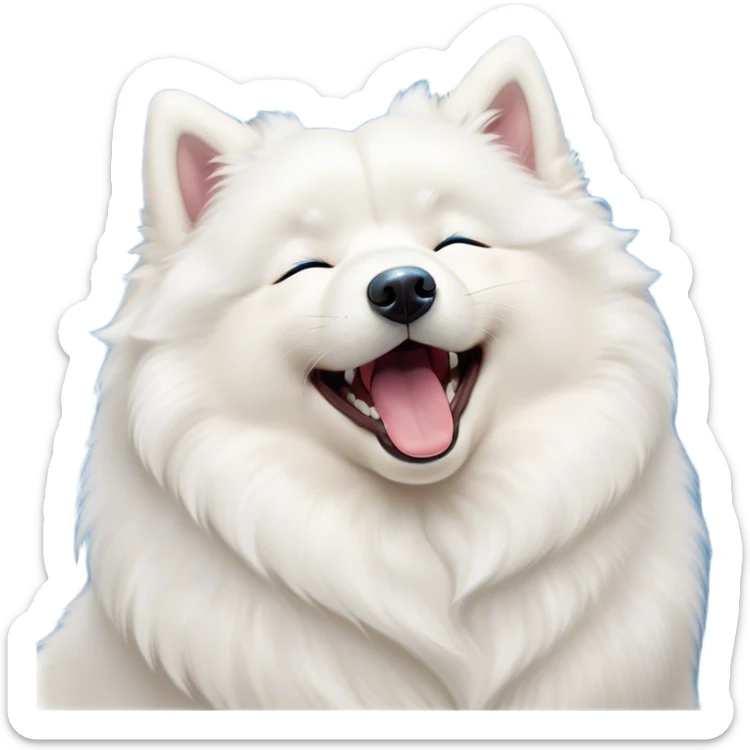Cinematic Cute Yawning Samoyed Portrait Emoji, Head tilted slightly with a dramatic, wide-open yawn, showcasing a soft, fluffy white Fur with a gentle shimmer, floppy ears slightly drooping, round blue eyes barely open in drowsy contentment, Simplified yet irresistibly adorable features, highly detailed, glowing with a soft, cozy glow, high shine, relaxed yet expressive, stylized with a touch of whimsy, bright and endearing, soft glowing outline, capturing the essence of a sleepy yet affectionate companion, so drowsy it feels like it could stretch right out of the screen and curl up for a nap! sticker