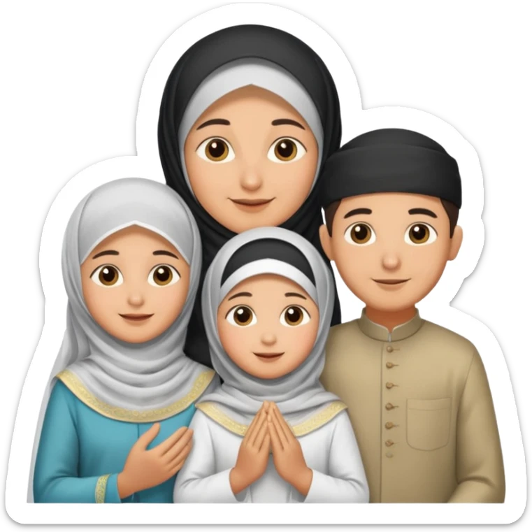 Lebaran. Keluarga terdiri dari Ayah dan ibu, 3 orang anak yang terdiri dari dua anak laki-laki dan seorang anak perempuan yang merupakan anak terkecil. Ibunya menggunakan cadar. sticker