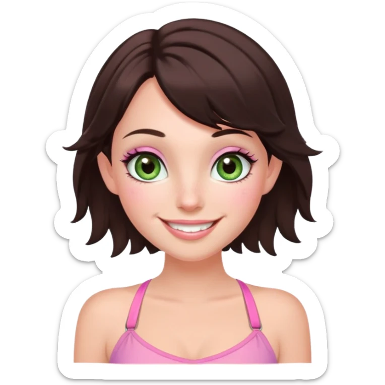 fairy woman, soft green eyes, big eyelashes, dark brown bob, brown cheek freckles, big smile, pink halter top sticker