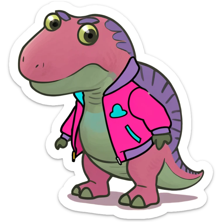 Haz un dinosaurio con sandalias fucsia y chaqueta lila sticker