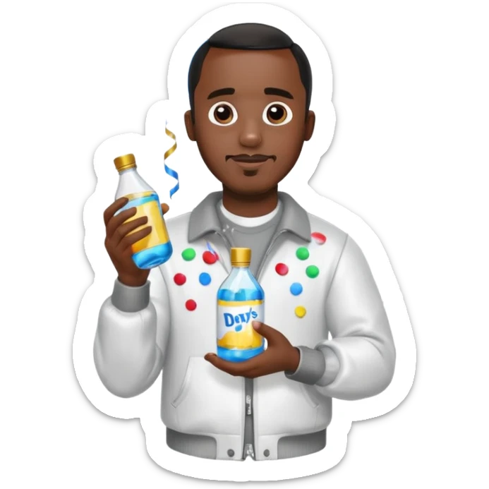 Diddy holding baby oil at a party with balloons and confetti and banners oiled up sticker