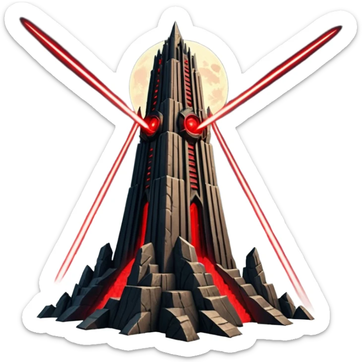 Barad Dúr from Lord of the Rings, Dark, giant Tower, with red laser beams shooting into the sky sticker