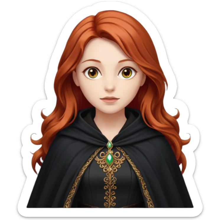 a beautiful woman with long red hair reaching her waist, hazel eyes, and wearing a black cloak sticker