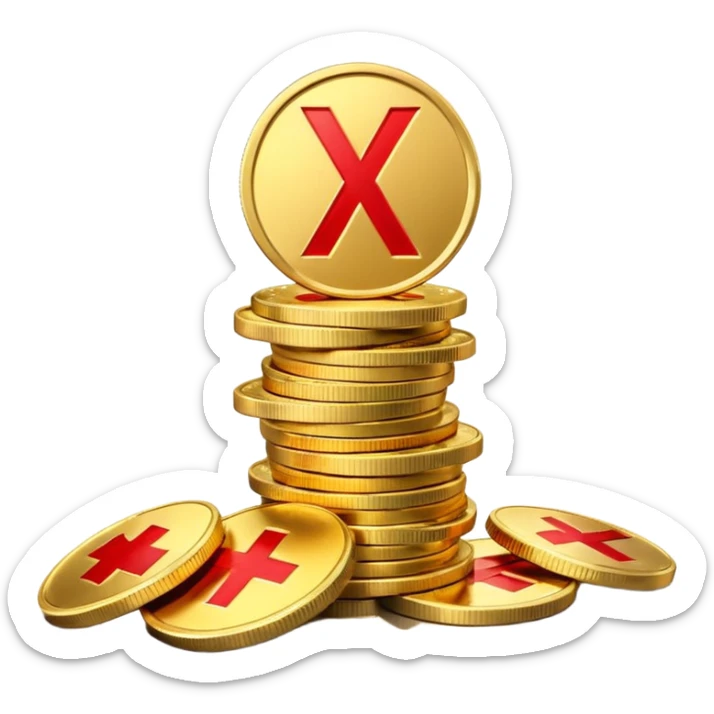 A stack of shiny gold coins without any symbols on top, crossed by a red prohibition sign (no symbol). Apple Emoji style, 3D look, soft reflections, clean white background, high-quality rendering, realistic lighting and shadow, smooth gradients, no text or logo. sticker