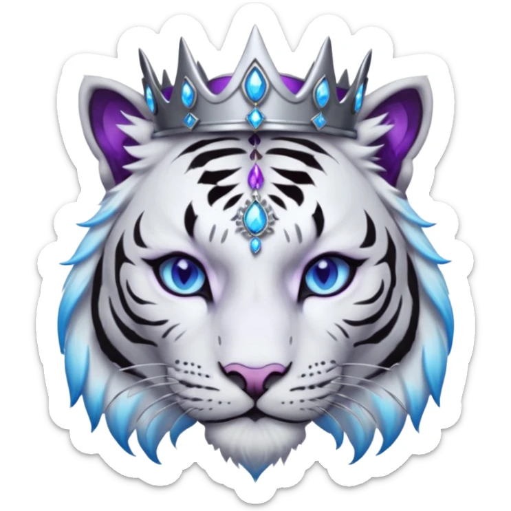 ESO Female white/black tiger khajiit leader of the umbral rose, glowing blue eyes, glowing blue 'third eye' gem; silver crown/tiara with purple gems sticker