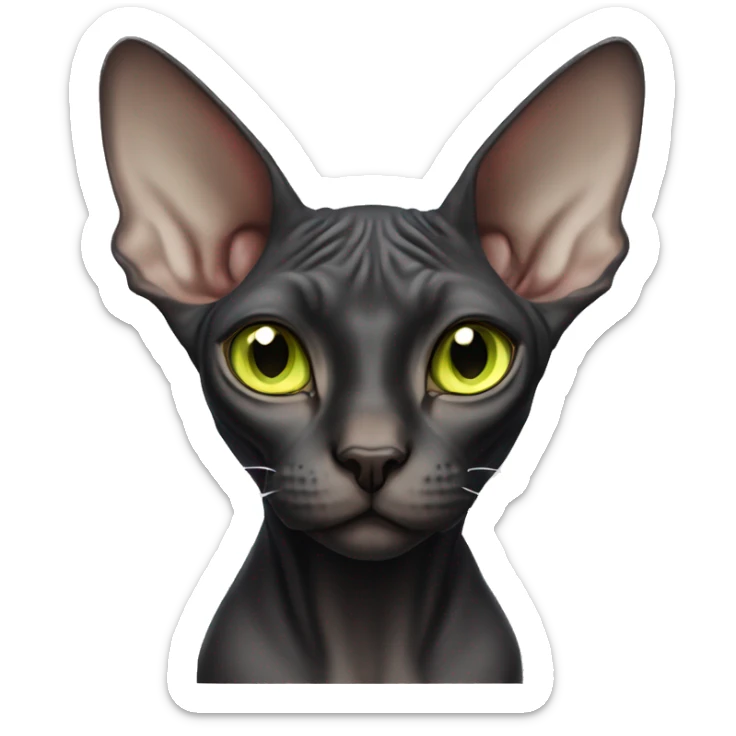 black sphynx cat with a white chest and a white chin with yellowish green eyes sticker