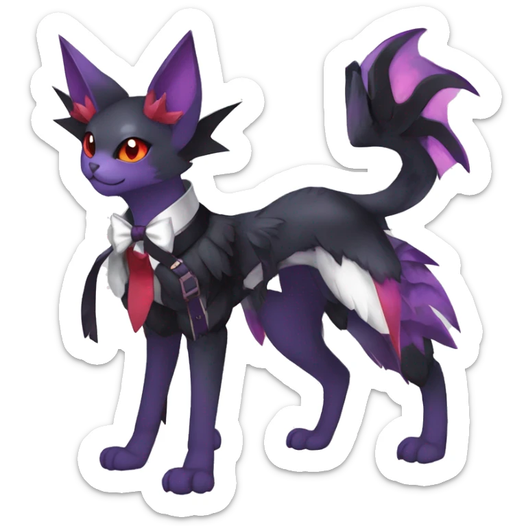  kawaii edgy black purple red ethereal fantasy beautiful elegant nargacuga-Noivern-cat-Fakemon collar harness bow tie and bracers full body sticker