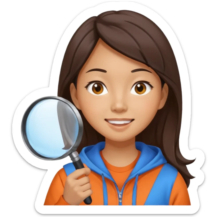 A brunette smiling asian woman wearing orange-blue hoodie holding a large magnifying glass and squinting at something to intently sticker