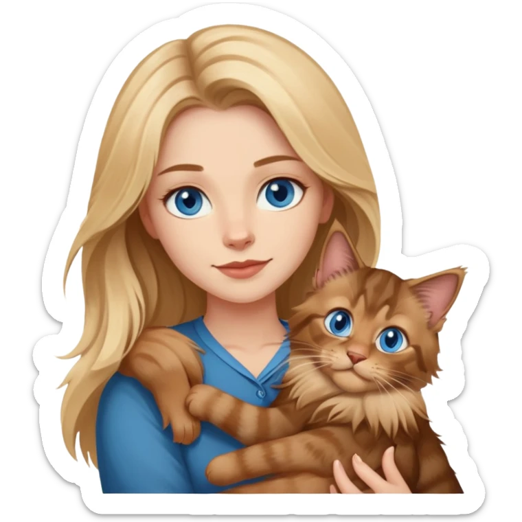 A blonde blue eyed woman holds a brown Maine Coon cat in her arms sticker